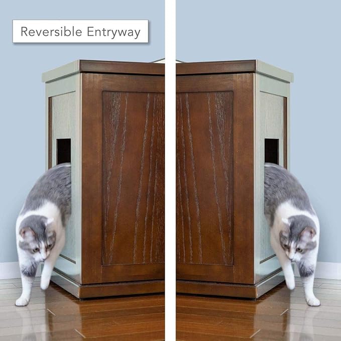 THE REFINED FELINE Cat Litter Box Enclosure Cabinet, Farmhouse, Mahogany Brown, Round Feet, XLarge, Hidden Litter Cat Furniture with Drawer