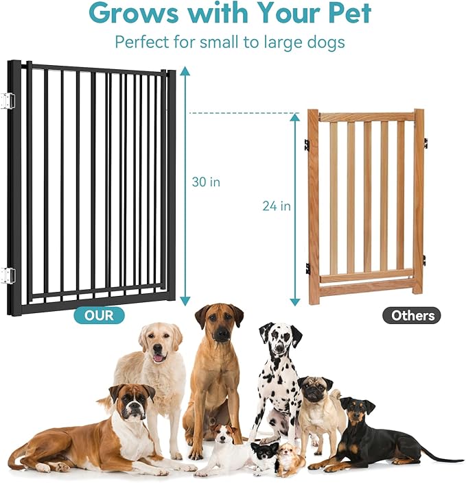 No Pawblems Free Standing Dog Gate with Door, 30'' Tall Foldable Dog Fence for Indoor & Outdoor, Up to 104 Inch Extra Wide Puppy Gate for Stairs, Hallways, Doorways, Deck, Yard (Black, 4 Panels)