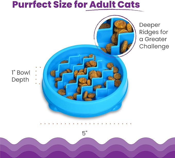 Catstages Kitty Slow Feeder Bowl for Cats & Small Dogs, Puzzle Dish for Fast Eaters, for Wet or Dry Food, Helps Slow Eating & Aid Digestion, Non-Slip, Made Without BPA, 3/4 Cup, 5-Inch, Blue