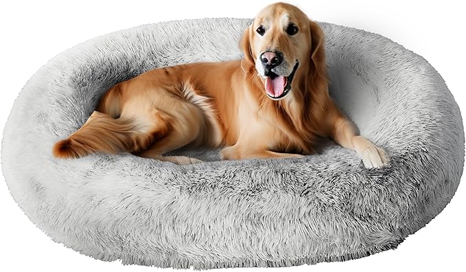 Orthopedic Calming Dog Bed for Extra Large Dogs XL, Anti Anxiety Pet Beds with Supportive Foam, Removable Washable Oval Pets Couch, Fluffy Cuddle Bolster Couch, Light Grey