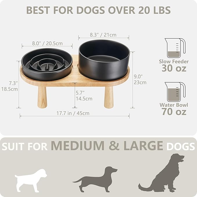 Ceramic Slow Feeder and Water Bowl Set for Medium and Large Dogs, 8.0inch Ceramic Dog Bowls Elevated with Wooden Stand, 2.0 Cups Dog Slow Feeder(30oz) and 70oz Water Bowl Set, Black