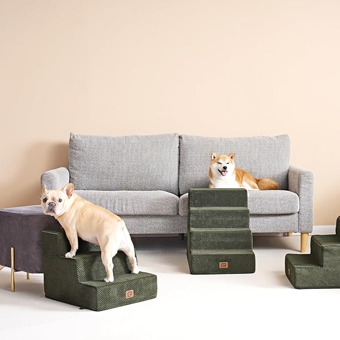 EHEYCIGA Dog Stairs for Bed 18" H, 4-Step Dog Steps for High Bed, Pet Steps for Small Dogs and Cats, Non-Slip Balanced Pet Ramp Indoor, Military Green