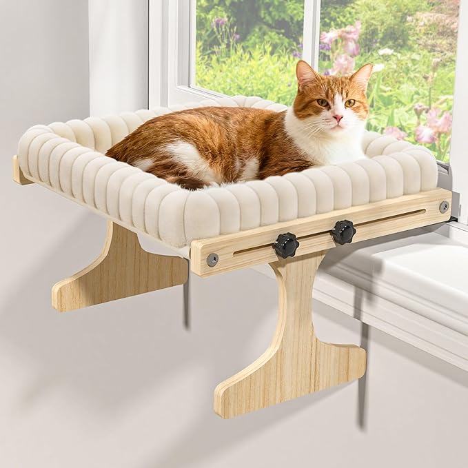 Cat Perch for Window XiaZ Cats Hammock Indoor Cat Bed for Window Adjustable Wooden Frame W/Soft Warm Plush-Lined Cushion Perfect for Bird Watching Sunbathing Space-Saving Easy Install Single Layer