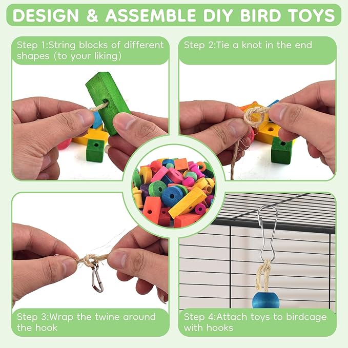 Bird Toys for Parrot, 165 Pcs Colorful Multi-Shaped DIY Wooden Blocks Craft, Birds Cage Chewing Playing Training Toy for Cockatoos, Macaws, African Grey and Small Medium Parrots