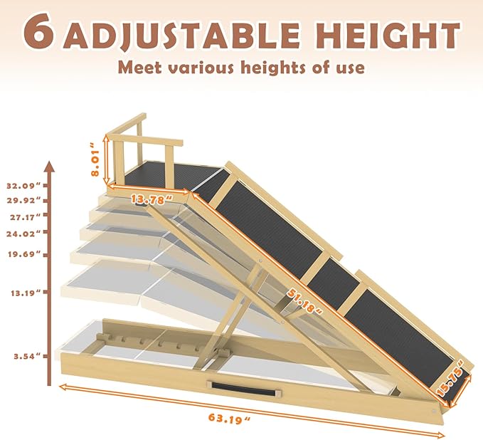 65" Foldable Dog Ramp for Bed, 6 Level（13"-32"） Heavy Duty Adjustable Dog Ramp for Car Pet Ramp with EVA Non-Slip Surface, Rest Platform & Glow Strips for Large Dogs up to 200Lbs (Wood Color)