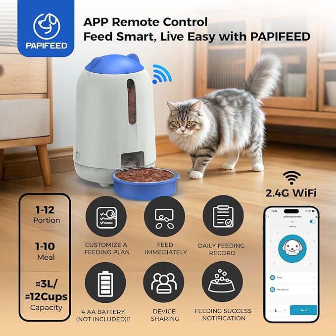 PAPIFEED 3L Automatic Cat Feeder and External Camera, 2.4G WiFi Auto Pet Feeder with App Control and Dual Power Supply, 1080P HD Video with Enhanced IR Night Vision, Two-Way Voice Call Camera, Blue
