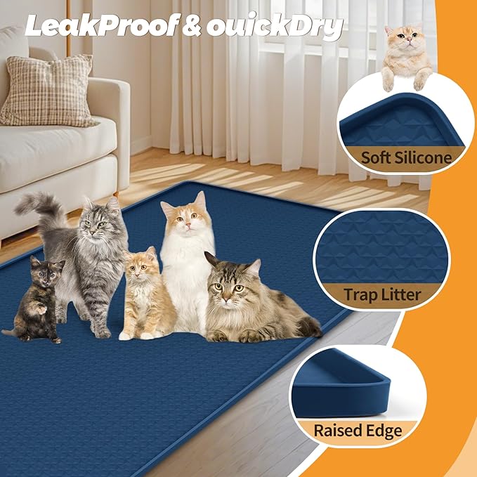 Cat Litter Mat, Extra Large 51" x 25.6" Silicone Mat Litter Trapping Mat for Scatter Control, Soft on Kitty Paws, Easy to Clean (Navy Blue)