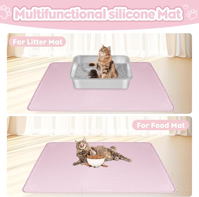 Cat Litter Mat, Extra Large 34" x 22" Silicone Mat Litter Trapping Mat for Scatter Control, Soft on Kitty Paws, Easy to Clean (Pink)