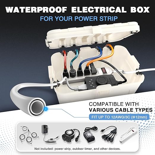 Flemoon Large Outdoor Electrical Box (12.5 x 8.5 x 5 inch), IP54 Waterproof Outdoor Extension Cord Cover Weatherproof, Protect Outlet, Plug, Socket, Timer, Power Strip, Holiday Light Decoration, White