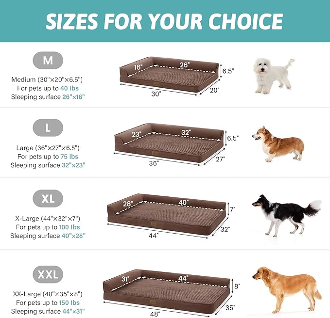Orthopedic Dog Bed for Extra Large, XXL Dogs Bed, L Shaped Foam Anti-Slip Bottom Giant Pet Cat Sofa with Washable Cover, Suitable for Pet Up to 150 lbs, 48x35x8 inch, Brown ﻿