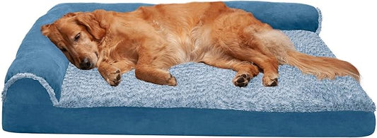 FurHaven Orthopedic Dog Bed for Large Dogs, L-Shaped Chaise Sofa with Orthopedic Egg Crate Foam for Joint Support, Removable Washable Cover, Jumbo XL, Faux Fur & Suede, Marine Blue