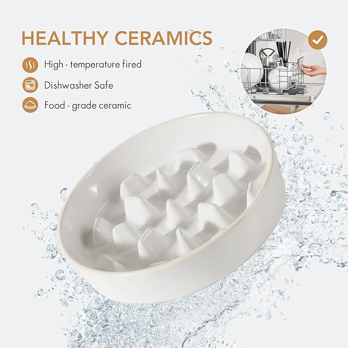 3.2 Cup Ceramic Dog Raised Slow Feeder Set, Elevated Bowl with Wooden Stand for Large Dog, 9.5inch Slow Feeder Dish for Fast Easters(1 Bowl & Stand, Reactived Glaze -White)