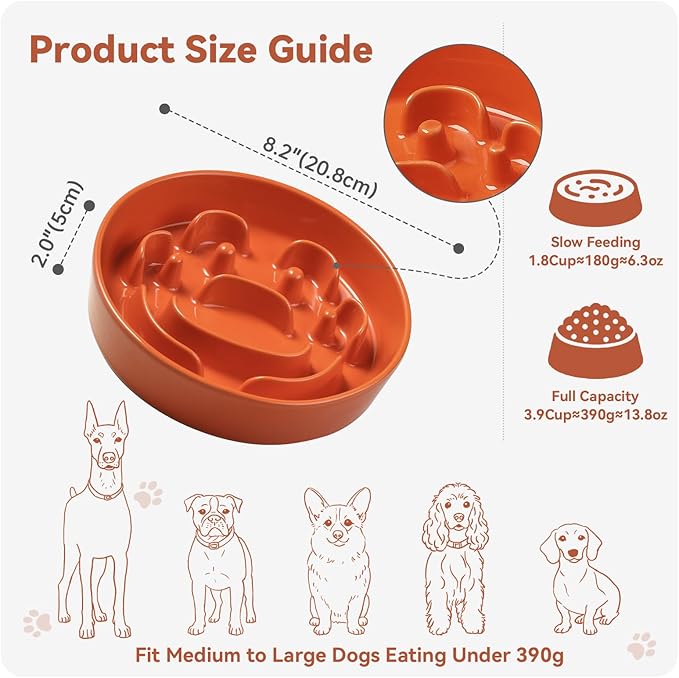 Ceramic Slow Feeder Dog Bowl - Maze Dog Bowl to Slow Down Eating - Fun Feeder for Fast Eaters - Ideal Food Control Dish for Medium to Large Breeds - 8.2 Inch - 1.8 Cups (180g) - Orange