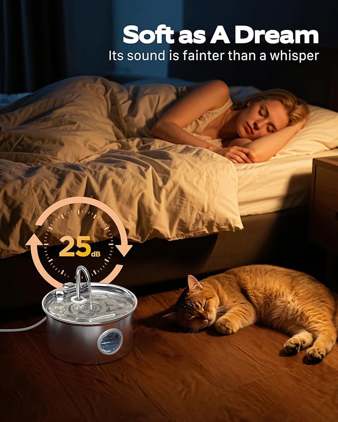Cat Water Fountain Stainless Steel: Cat Fountain for Drinking - 88oz/2.6L Pet Water Fountain for Cats Indoor - Quiet Cats Water Bowl Dispenser - Pets Feeding & Watering Supplies - for Small Animals