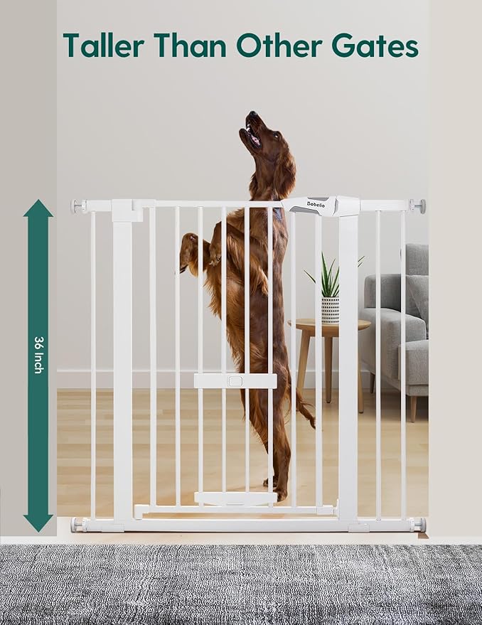 BABELIO 36 Inch Extra Tall Baby Gate with Cat Door, 29-48" Metal Pet Door for Stairs, Doorways, Auto Close, Easy Walk Thru,White