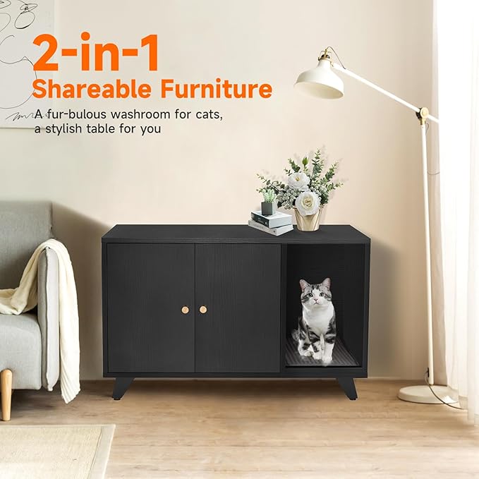 Cat Litter Box Enclosure, Hidden Litter Box Furniture Washroom Storage Cabinet, Modern Cat House with Scratche Pad (Black)
