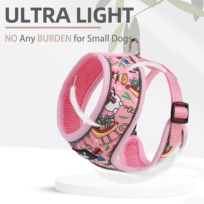 PUPTECK Soft Mesh Christmas Dog Harness and Leash Set Pet Puppy Cat Comfort Padded Vest No Pull Harnesses, Bright Pink, S