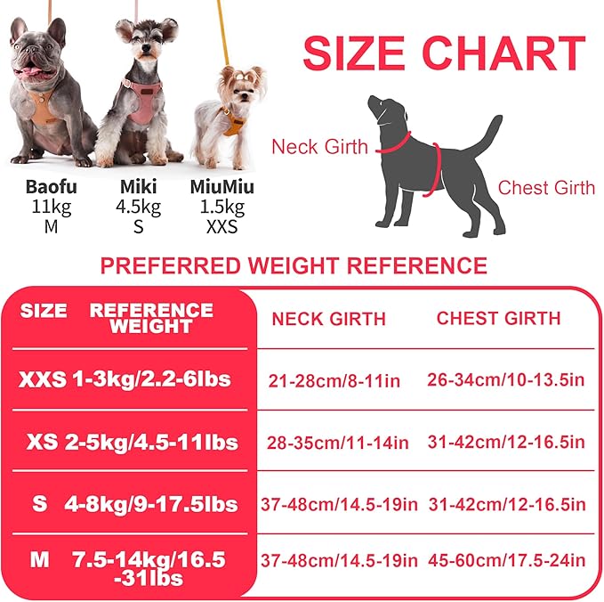 Puppytie No Pull XXS Puppy Harness with Multifunction Dog Leash,Soft Adjustable No Choke Escape Proof Pet Harness Vest,Pink,XXS