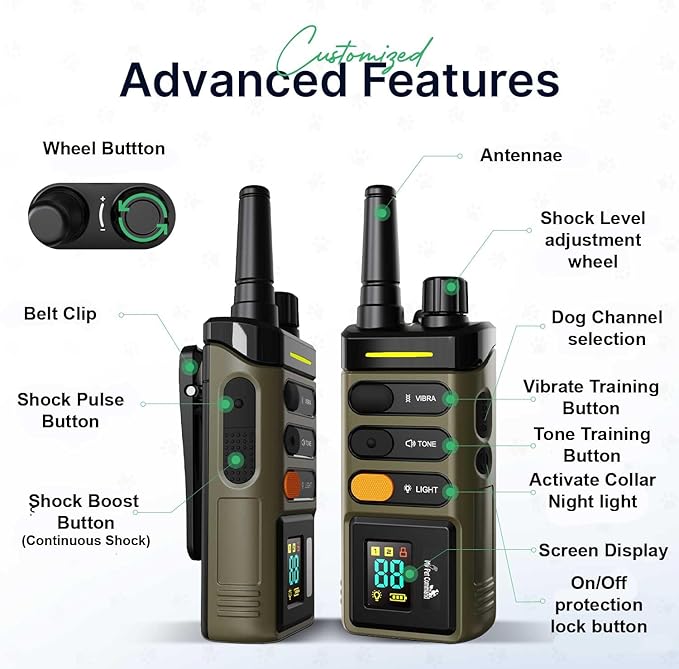 My Pet Command Long Range Dog Training Collar with Remote 1 Mile/5280 Ft, Safe Shock, Vibrate, Tone, Flashing Beacon Lights, Rechargeable Waterproof Remote Device, add up to 2 Collars. 2 Collar Pack