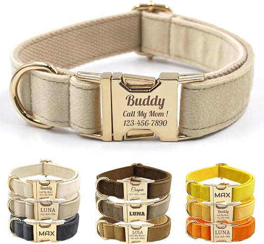 Velvet Personalized Dog Collar with Name - Customizable Dog Collar with Quick Release Metal Buckle - Leash and Bow Tie Available (Beige, M)