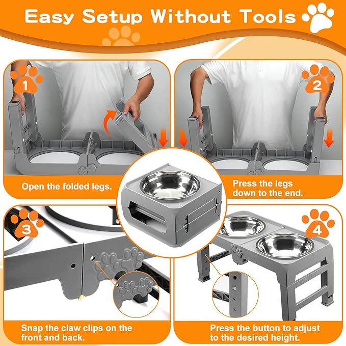 Elevated Dog Bowl Stand for Large Dogs - 2 Extra Large 10” Stainless Steel Bowls, 5 Adjustable Heights(7.5"-15.4"), Foldable Non-Slip & Durable, Portable Heavy Duty Travel Dog Feeder, Grey