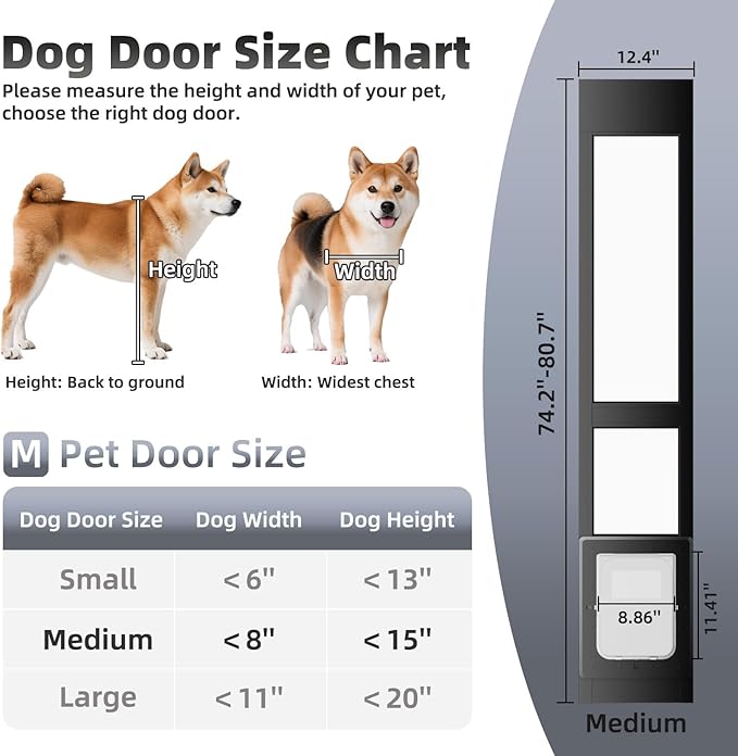 Dog Door for Sliding Glass Door with Magnetic Plastic Flat, Sliding Door Pet Doggie Door Insert with Lock, Adjustable Height No-Cut Required Doggy Door Access Renters, Apartments, Patio (Black, M)