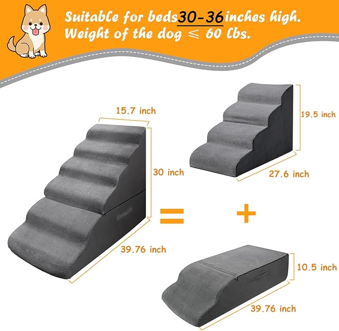 Dog Stairs&Steps for High Bed 30 Inches Tall Up to 30-36 Inch, Pet Dog Ramp Ladder for Small Dogs, Doggie, Old Cats, Kitty, Chihuahua Grey, No Assembled Required