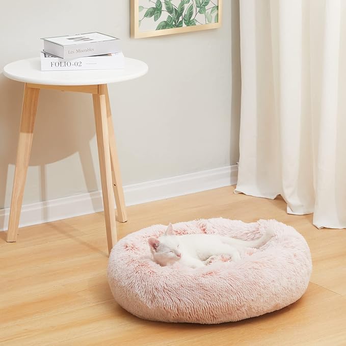 Bedfolks Calming Donut Dog Bed Cat Bed, 23 Inches Round Fluffy Dog Beds for Small Dogs, Machine Washable Anti-Anxiety Plush Puppy Bed（Pink, Small）