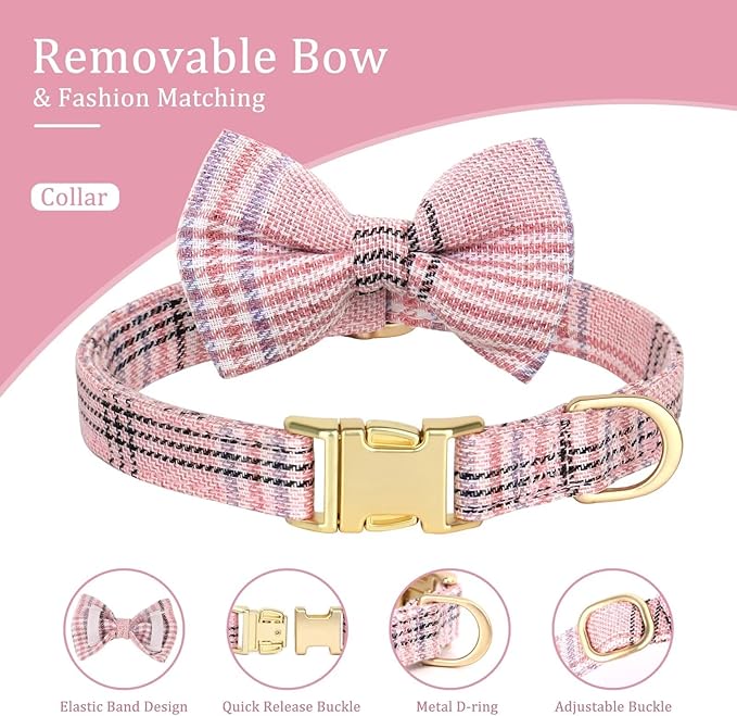 Beirui Cute Extra Small Dog Harness Collar and Leash Set with Bowtie, Soft Adjustable Plaid Puppy Harness for Small Sized Dogs Cats Walks Parties and Photoshoots(Pink,XS:Chest 13-18")