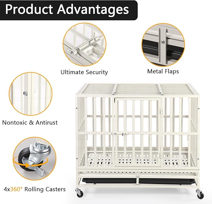 Escape-Proof Heavy Duty 38" Dog Crate, Indestructible Steel Kennel for Large & High-Anxiety Dogs with with Removable Tray, Double Door Design with 4 Wheels and Reinforced Baseplate