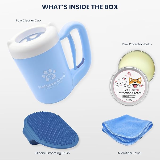 Dog Paw Washer Kit - Includes Paw Cleaner Cup, Towel, Pet Bath Brush & Moisturizing Balm - Dog Foot Washer for Muddy Paws, ideal for Small & Medium Dogs (Blue, Small)