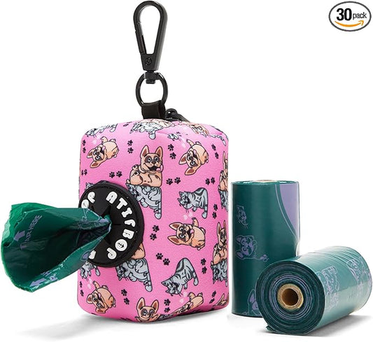 ATIFBOP Dog Poop Bag Dispenser with 30 Bags, Poop Bag Holder Fit All Dog Leashes, Soft and Big Capacity Doggy Bags Refill Carrier (Pink)