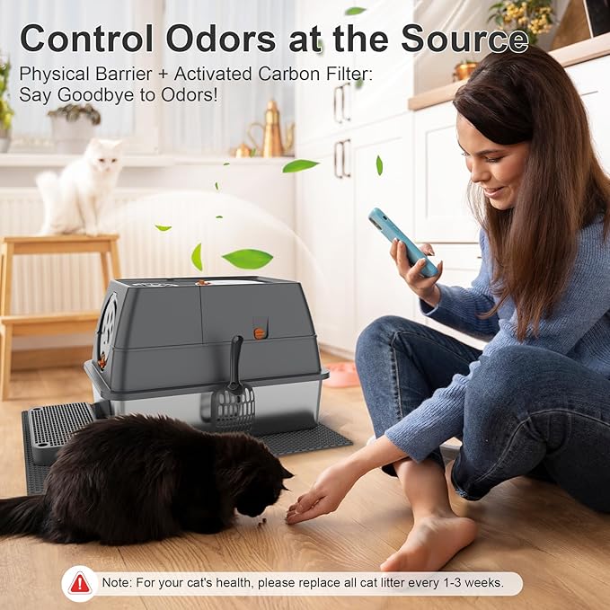 Stainless Steel Litter Box with Lid XL Extra Large Litter Box Enclosed Top Entry Metal Litterbox for Big Cats Easy Cleaning Less Leakage & High Sided with Mat Aisle & Scoop, Dark Grey