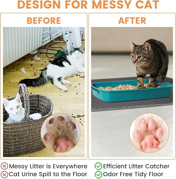 23.6” x15.7” Cat Litter Mat, Litter Trapping mat, cat mat for Litter Box, cat Litter mat Small, Honeycomb Double Layer Design, Waterproof & Urine Proof, Scatter Control, Non-Slip, Grey, 1 Pack
