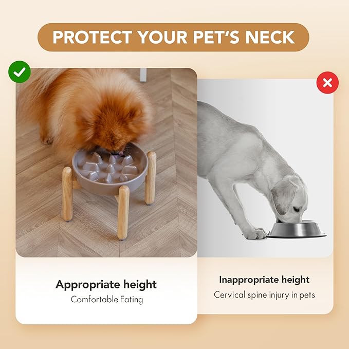 Ceramic 1.2 Cup Dog Raised Slow Feeder Set, Elevated Bowl with Wooden Stand for Medium and Small Dog, 7.3inch Slow Feeder Dish for Fast Easters(Brown Coffee, Single Bowl+ Stand)