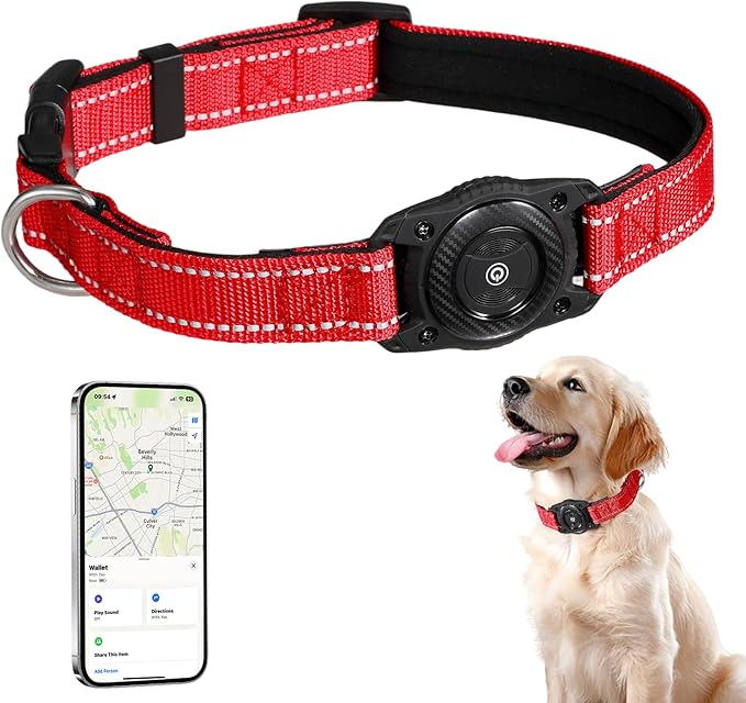 Tracking Collar for Dogs Waterproof Adjustable Air Tag Dog Collar Holder, Comfortable Dog Collars for Small Medium Large Dogs (Red, L)