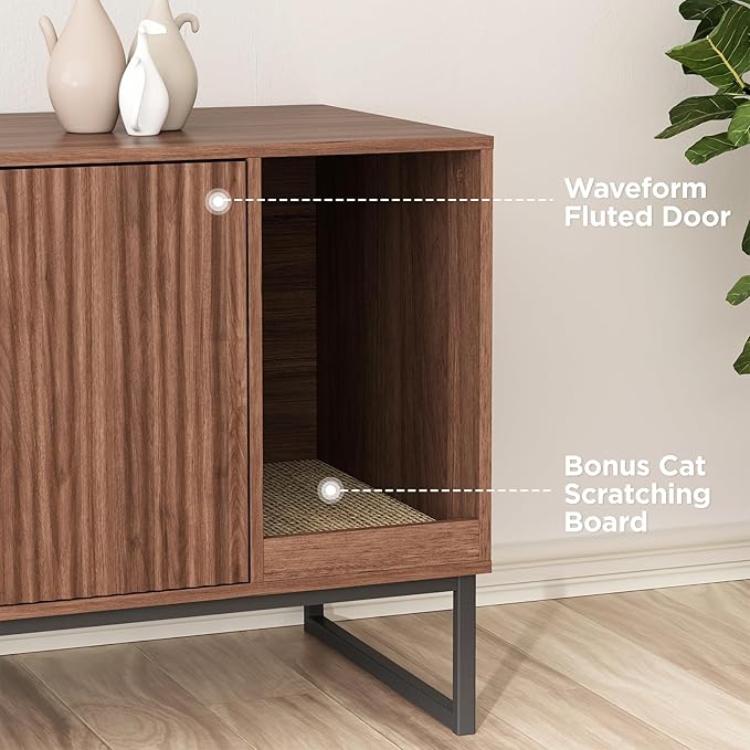 Cat Litter Box Enclosure, Fluted Hidden Litter Box Furniture with Scratch Pad and Metal Legs, Modern Enclosed Cat Cabinet, 31.5 x 17.7 x 21.7 Inches Indoor Pet House for Living Room, Washroom, Walnut