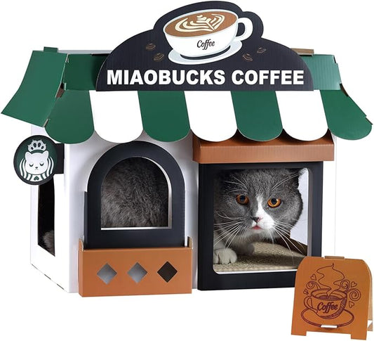 Cardboard Cat House with Scratcher – Coffee Shop Design, 19''L x16''W x15''H, Indoor/Outdoor Cat Playhouse & Hideout, Corrugated Cat Scratch Toy for Cats up to 22 lbs, Small Pets, Cute Home Decor Gift