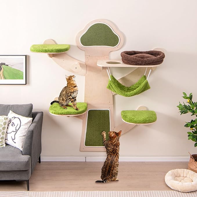 Tangkula Cat Wall Shelves, Wooden Wall Mounted Cat Tree with Hammock, Bed, Hole, Scratching Mats and Post, Green Removable & Washable Cushions, 5-Level Cat Climbing Steps