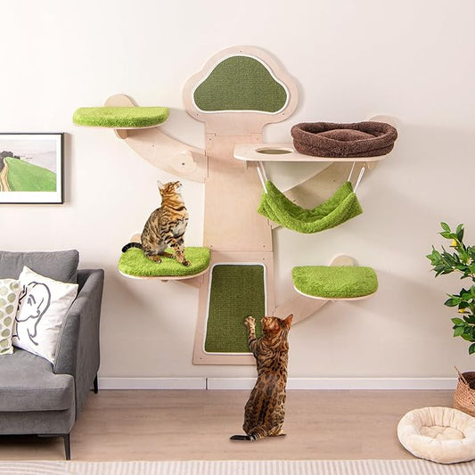 Tangkula Cat Wall Shelves, Wooden Wall Mounted Cat Tree with Hammock, Bed, Hole, Scratching Mats and Post, Green Removable & Washable Cushions, 5-Level Cat Climbing Steps