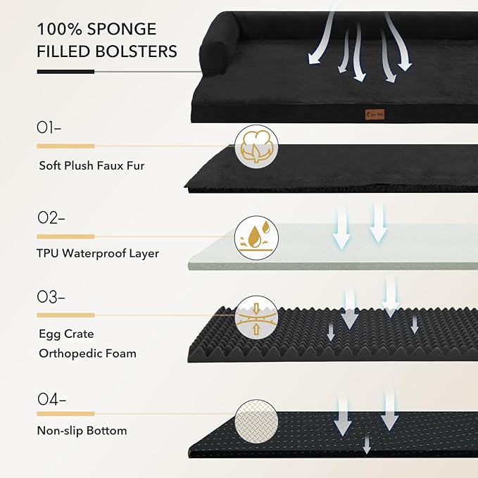 Orthopedic Dog Beds for Extra Large Dogs, Waterproof Egg Crate Foam XL Dog Bed with Sides 48x30Inch, Big Dogs Couch Beds with Removable Washable Cover and Nonskid Bottom, Black