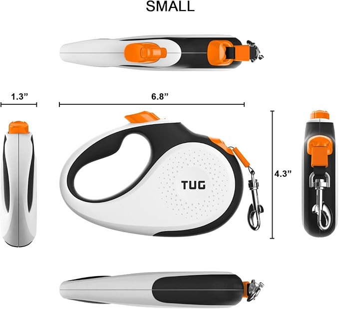 TUG 360° Tangle-Free Retractable Dog Leash with Anti-Slip Handle | 16 ft Strong Nylon Tape | One-Handed Brake, Pause, Lock (Small, White/Orange)