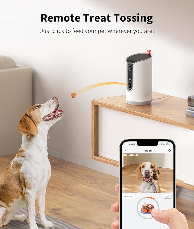 2K Cat Camera Treat Dispenser, Pet Dog Camera with 360° Auto Tracking, AI Photo Album, 5G/2.4G WiFi, 2-Way Talk, Remote Treat Tossing Indoor, Motion Alerts Indoor, White