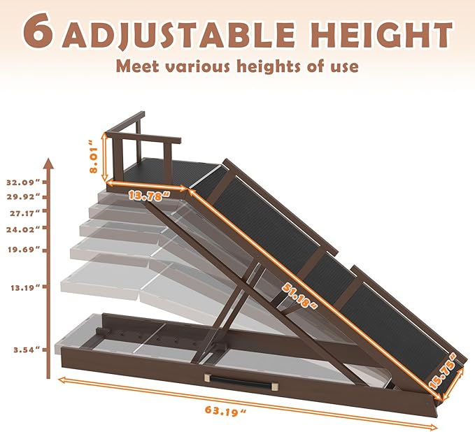 65" Foldable Dog Ramp for Bed, 6 Level（13"-32"） Heavy Duty Adjustable Dog Ramp for Car Pet Ramp with EVA Non-Slip Surface, Rest Platform & Glow Strips for Large Dogs up to 200Lbs (Brown)