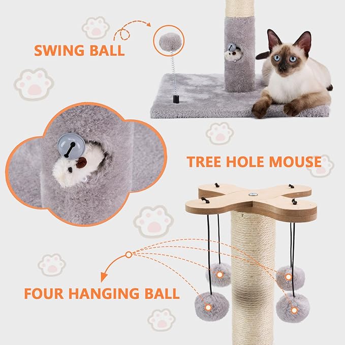PAWSFANS Cat Scratching Post for Indoor Cats and Kittens,30inches Tall Sisal Scratch Posts with Four Hanging Ball Toys and Reinforce The Stable Base Gray