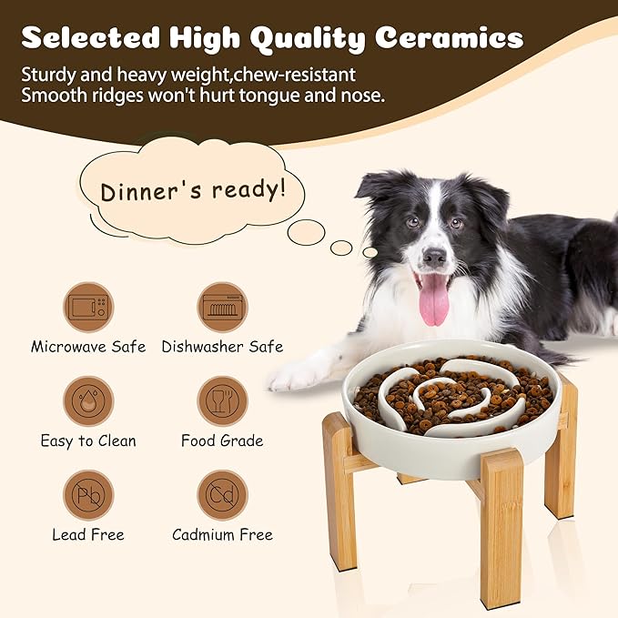 Elevated Slow Feeder Dog Bowl - Ceramic Food Dish with Bamboo Stand - Raised Maze Design - Ideal for Medium to Large Dogs - Milky White - 8.4 inch