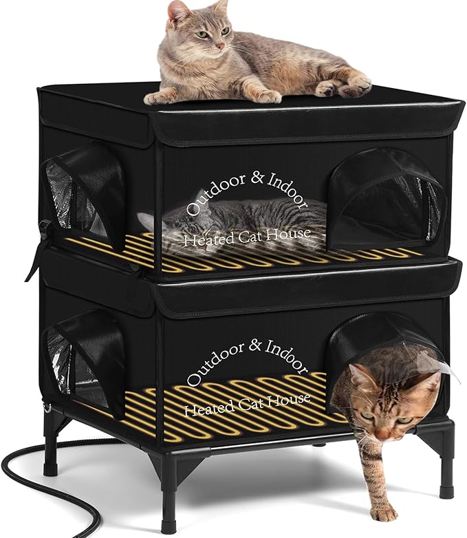 2 Story Heated Cat House for Outside, 100% Waterproof, Safe Escape Door, Elevated Base, Weatherproof Insulated Shelter for Stray Feral Barn Cat