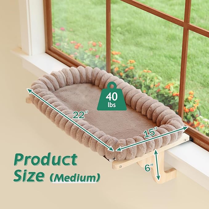 Zakkart SnugCloud Cat Window Perch with 4-Sided Bolster - Orthopedic Cat Hammock for Window Sill - Solid Hardwood & Metal Frame - Window Seat for Pets (Natural Color Wood w/Brown Bed, Medium)