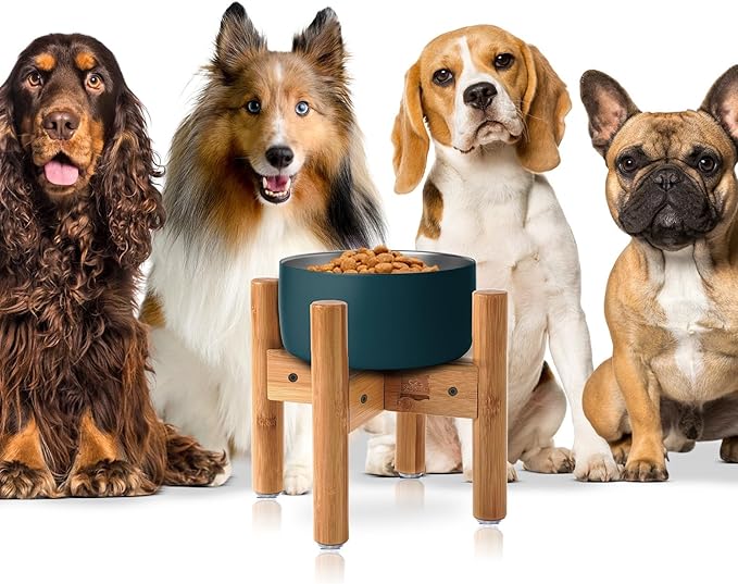 Dog Bowl Stand for Medium Breeds - Use to Raise, Elevate Dog Food/Water Feeders, Fountains and Bowls, Adaptable Size (See Size Guide) - Bamboo