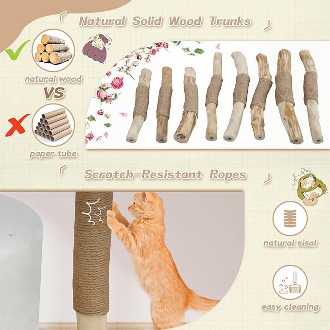 MOLACHI Modern Cat Tree Tower, 41in Tall Real Solid Wood Cat Tree for Indoor Big Cats, Plush Multi-Level Cat Condo with Sisal-Covered Scratching Posts, Dangling Ballor Fun Play, Ideal Pet Gift